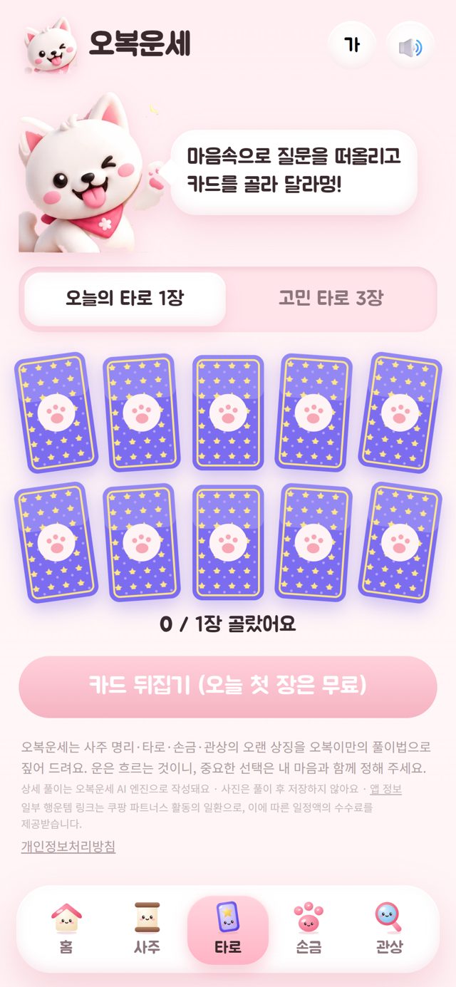 오복운세 타로 카드 고르기 화면